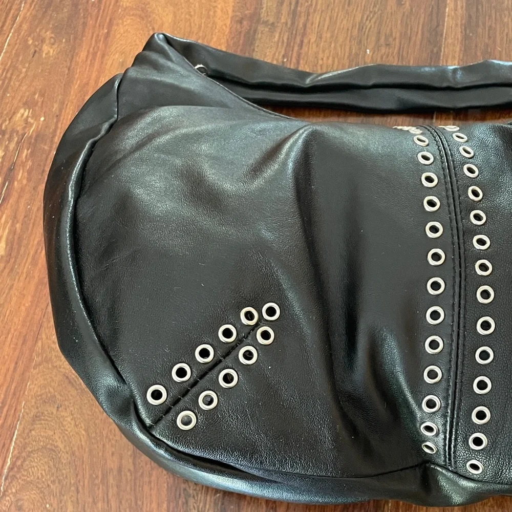 Excelled Collection Black Leather Hobo bag w/ Metal Grommets